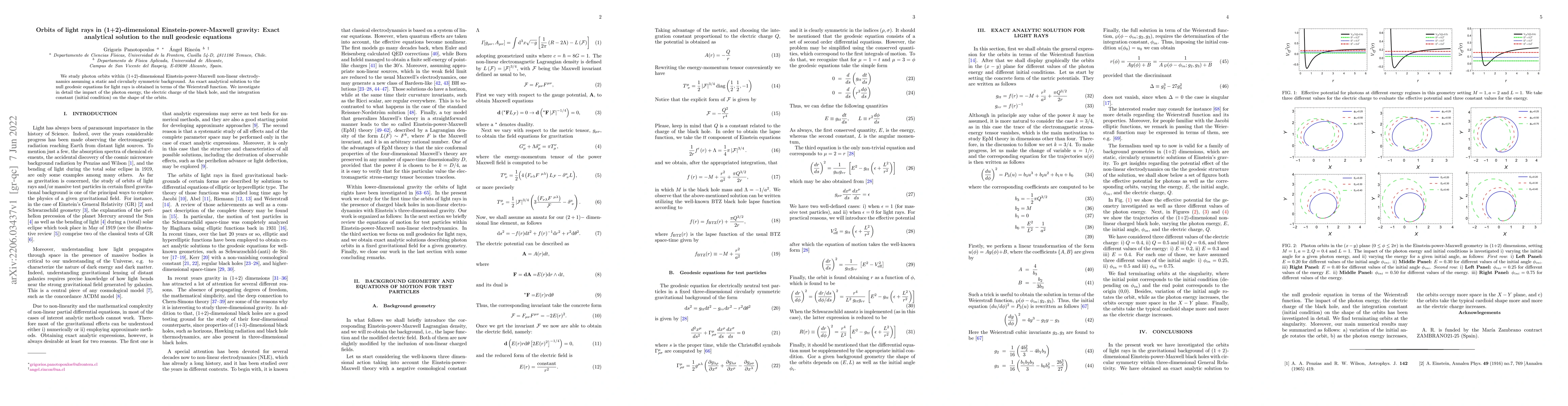 Thumbnail for Orbits of light rays in (1+2)-dimensional Einstein-power-Maxwell
  gravity: Exact analytical solution to the null geodesic equations