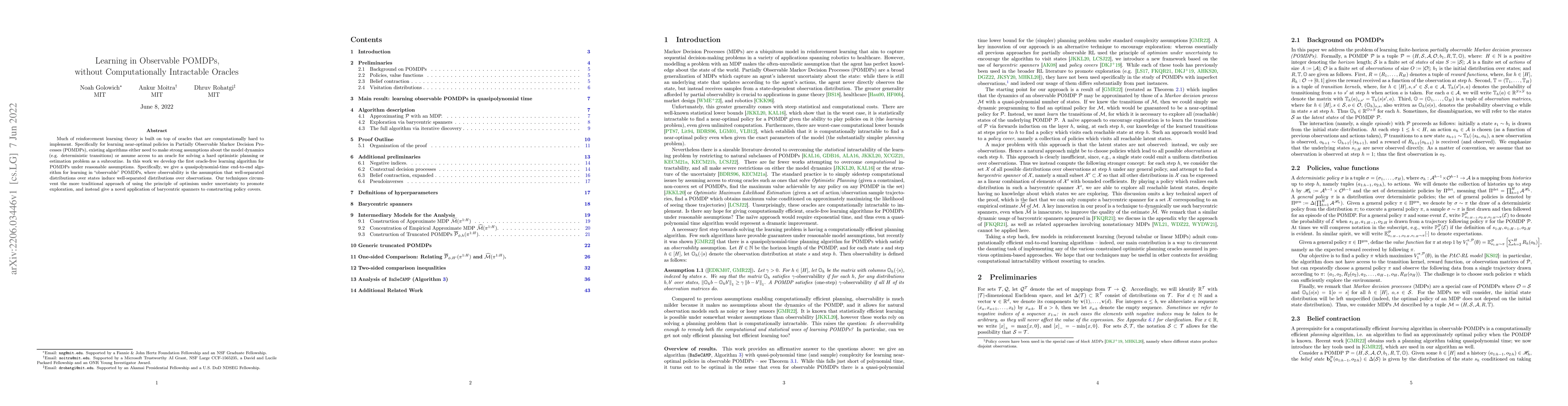 Thumbnail for Learning in Observable POMDPs, without Computationally Intractable
  Oracles