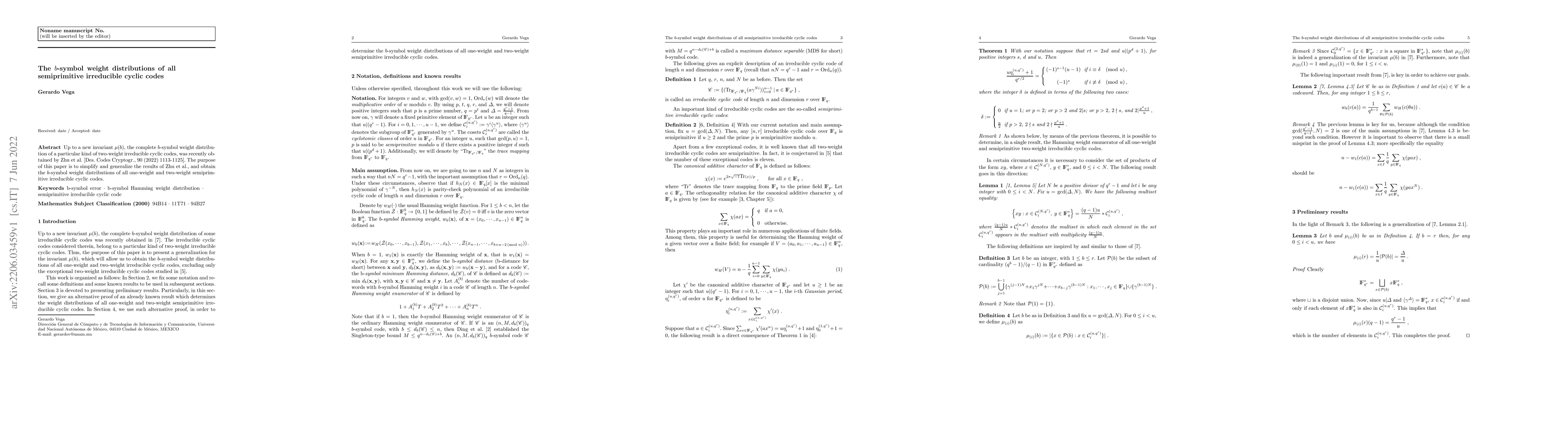 Thumbnail for The b-symbol weight distributions of all semiprimitive irreducible
  cyclic codes