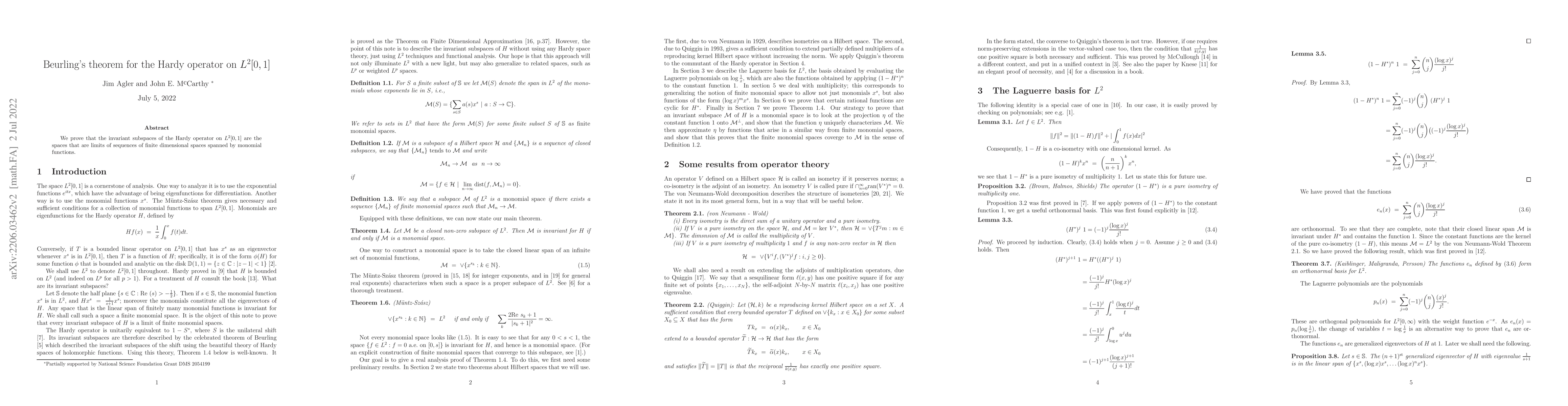 Thumbnail for Beurling's theorem for the Hardy operator on $L^2[0,1]$