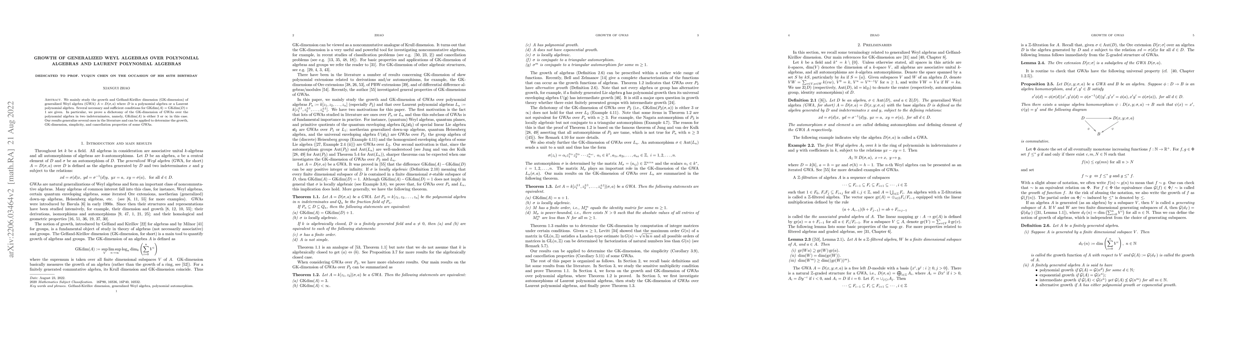 Thumbnail for Growth of generalized Weyl algebras over polynomial algebras and Laurent
  polynomial algebras