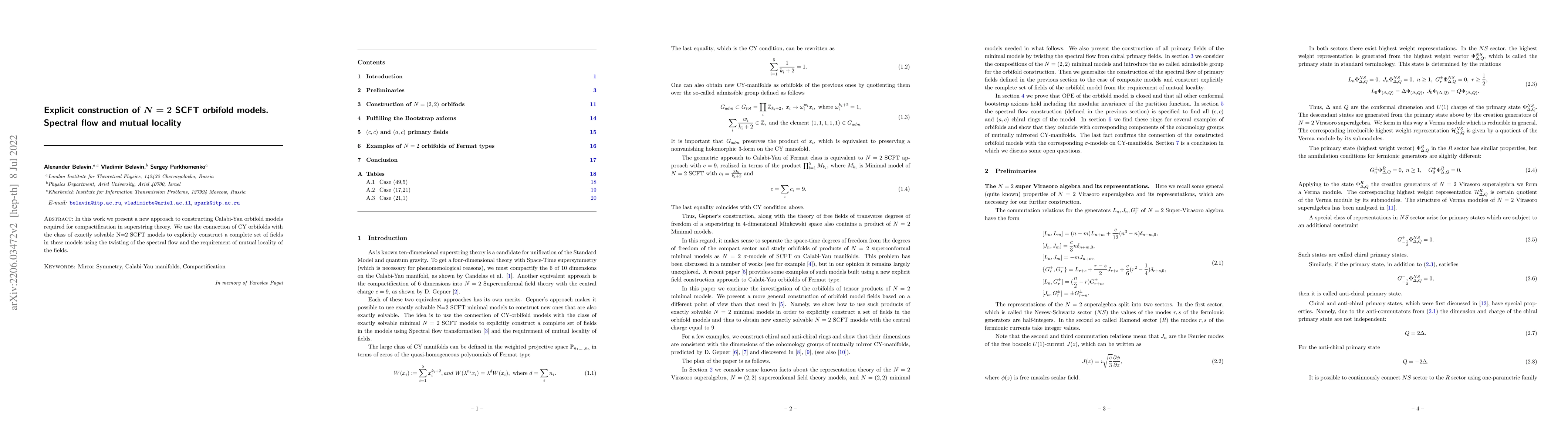 Thumbnail for Explicit construction of $N = 2$ SCFT orbifold models. Spectral flow and
  mutual locality