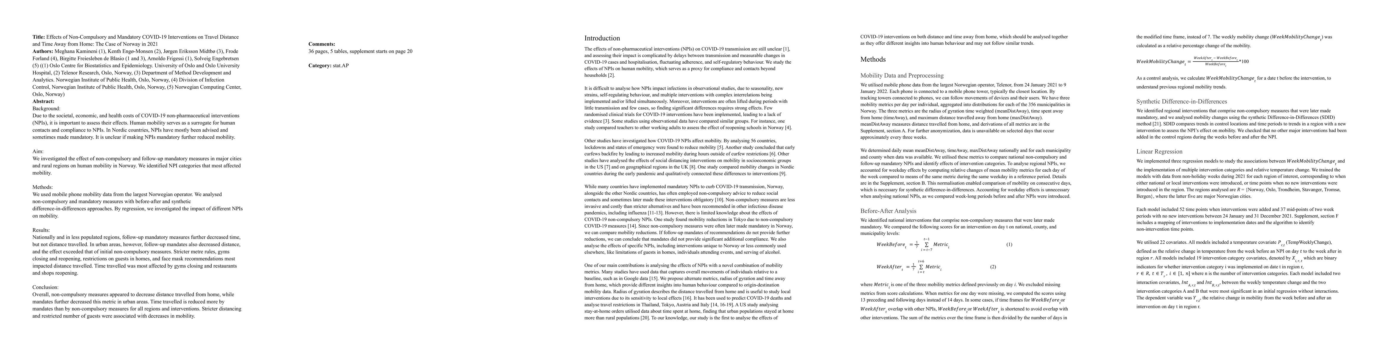 Thumbnail for Effects of Non-Compulsory and Mandatory COVID-19 Interventions on Travel
  Distance and Time Away from Home: The Case of Norway in 2021