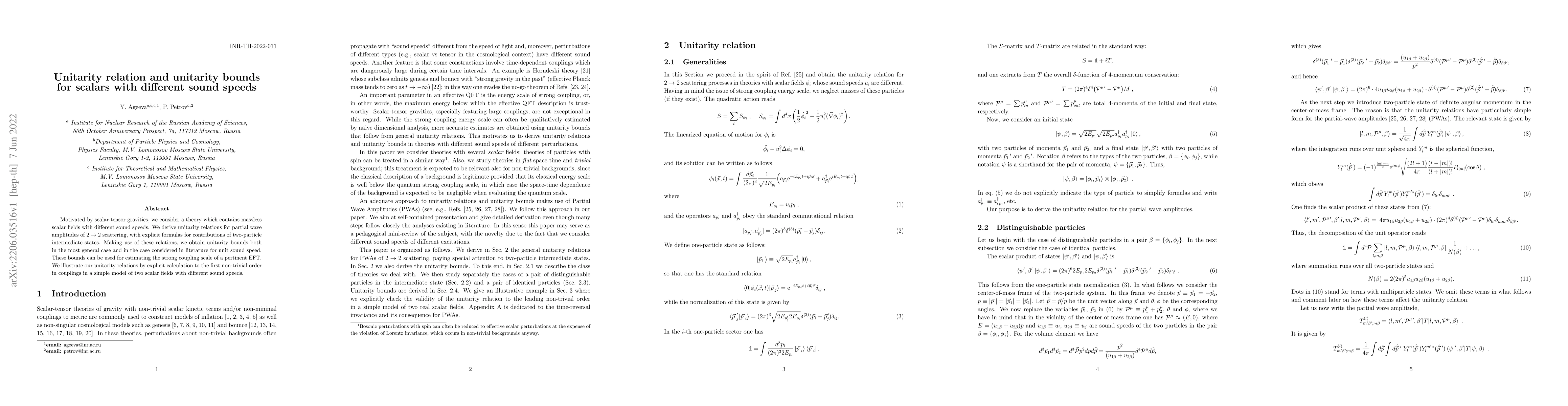 Thumbnail for Unitarity relation and unitarity bounds for scalars with different sound
  speeds