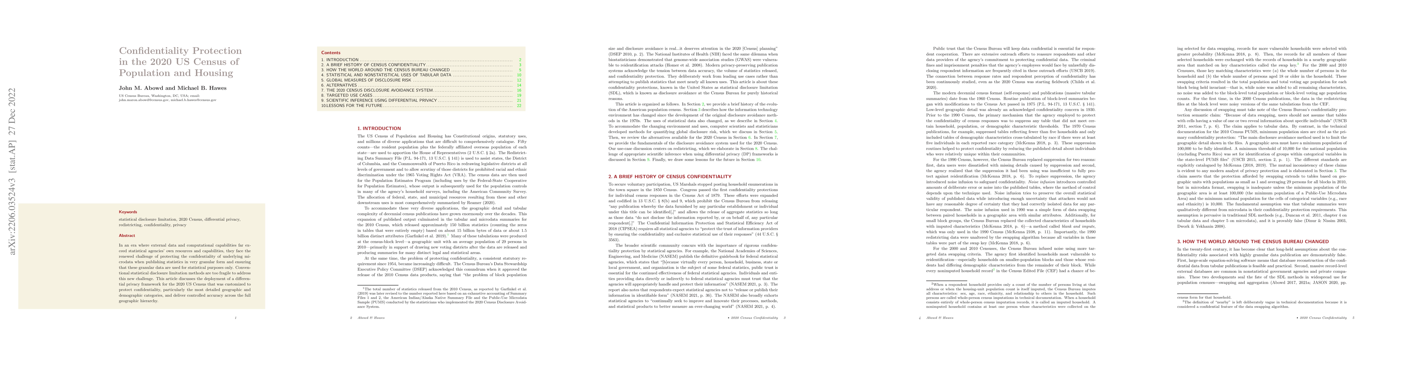 Thumbnail for Confidentiality Protection in the 2020 US Census of Population and
  Housing