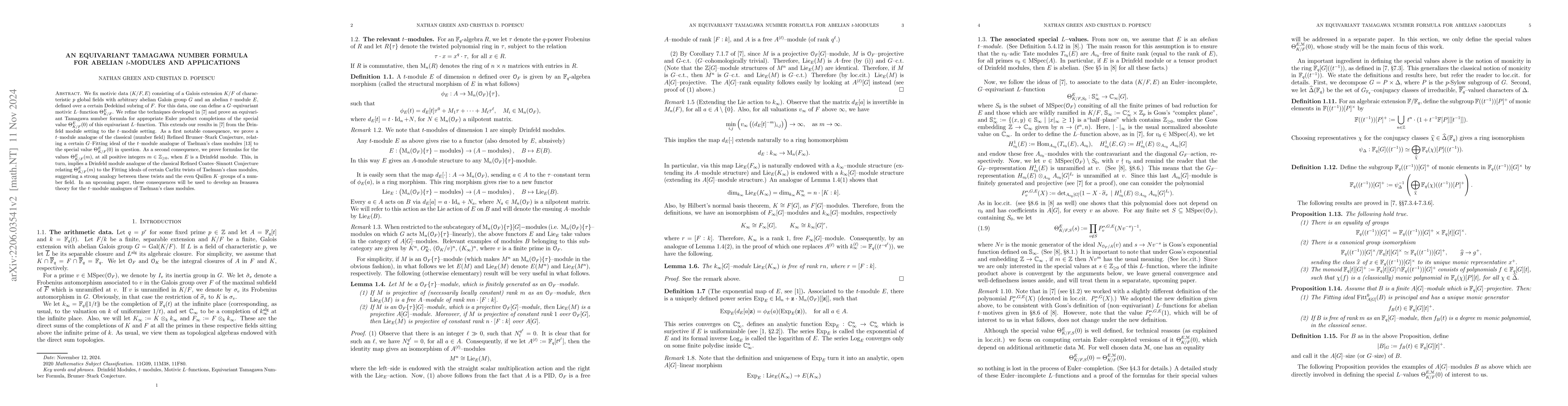 Thumbnail for An Equivariant Tamagawa Number Formula for t-Modules and Applications