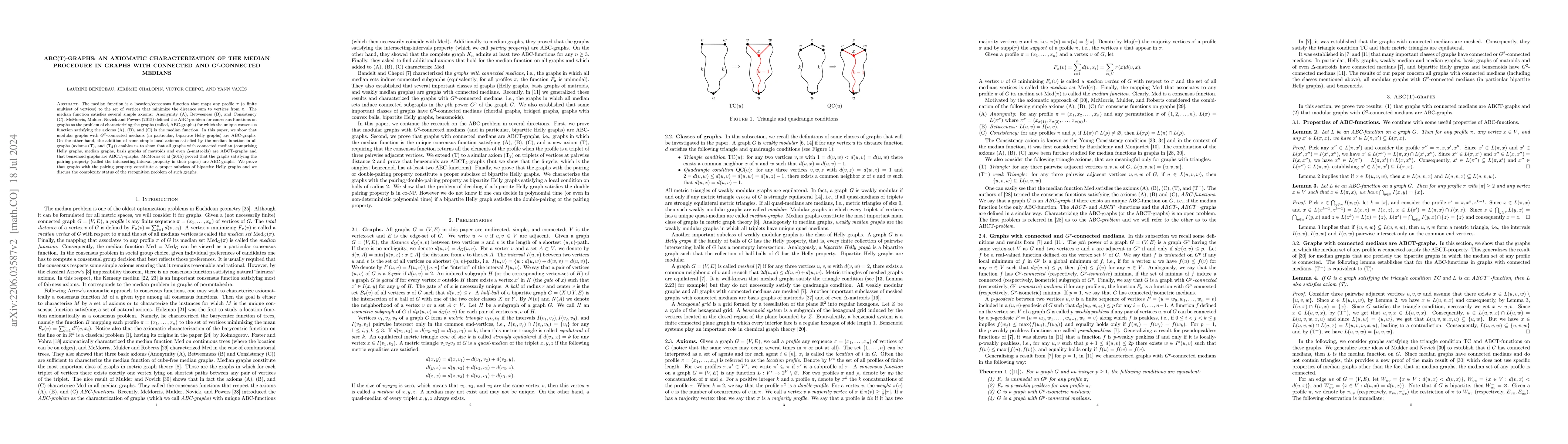 Thumbnail for ABC(T)-graphs: an axiomatic characterization of the median procedure in
  graphs with connected and G$^2$-connected medians
