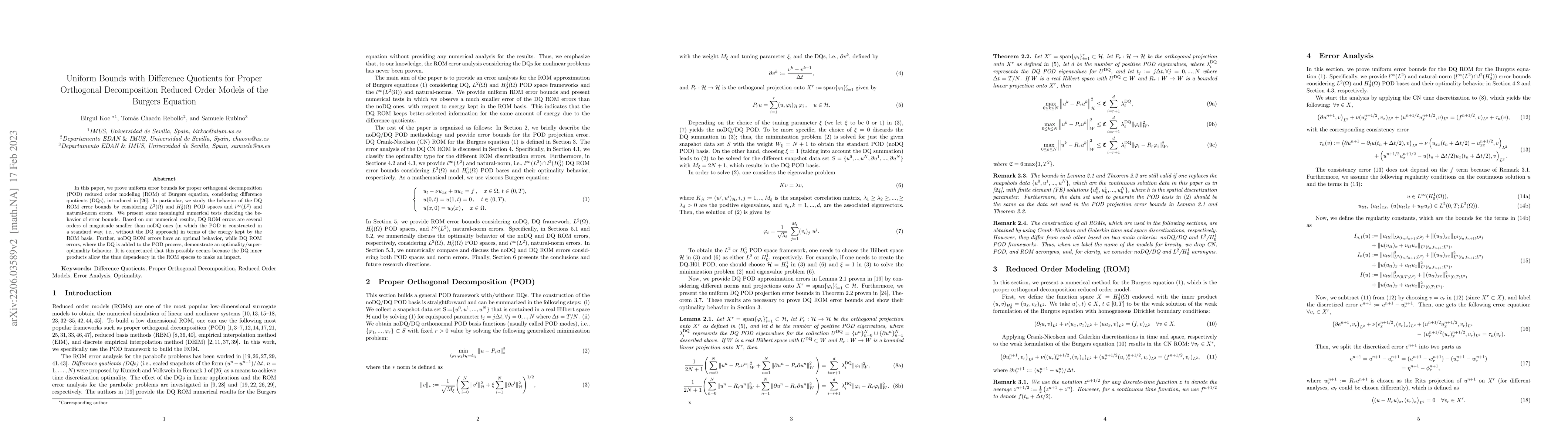 Thumbnail for Uniform Bounds with Difference Quotients for Proper Orthogonal
  Decomposition Reduced Order Models of the Burgers Equation