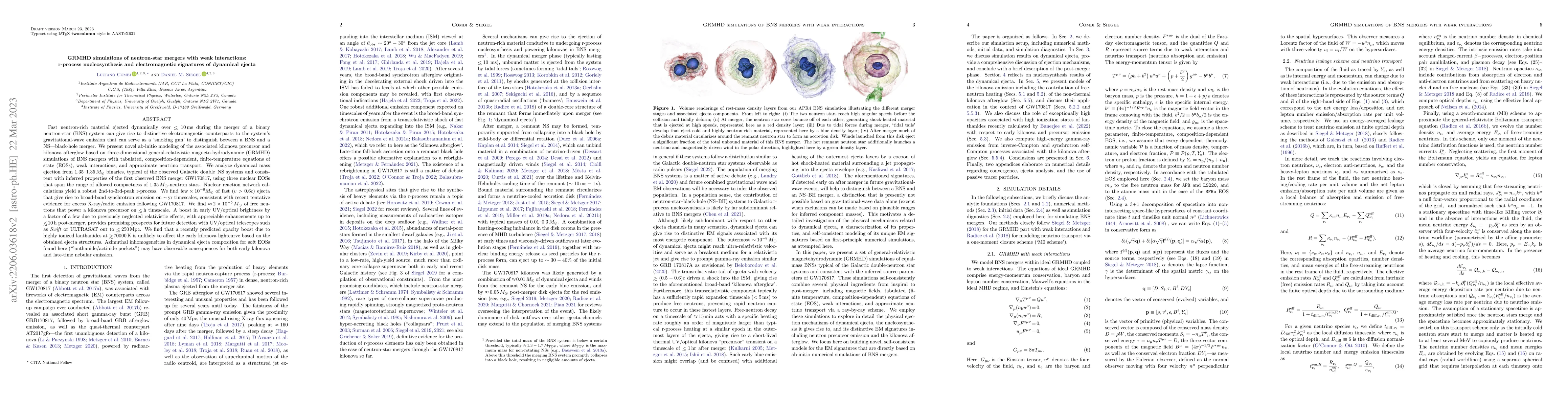 Thumbnail for GRMHD simulations of neutron-star mergers with weak interactions:
  r-process nucleosynthesis and electromagnetic signatures of dynamical ejecta