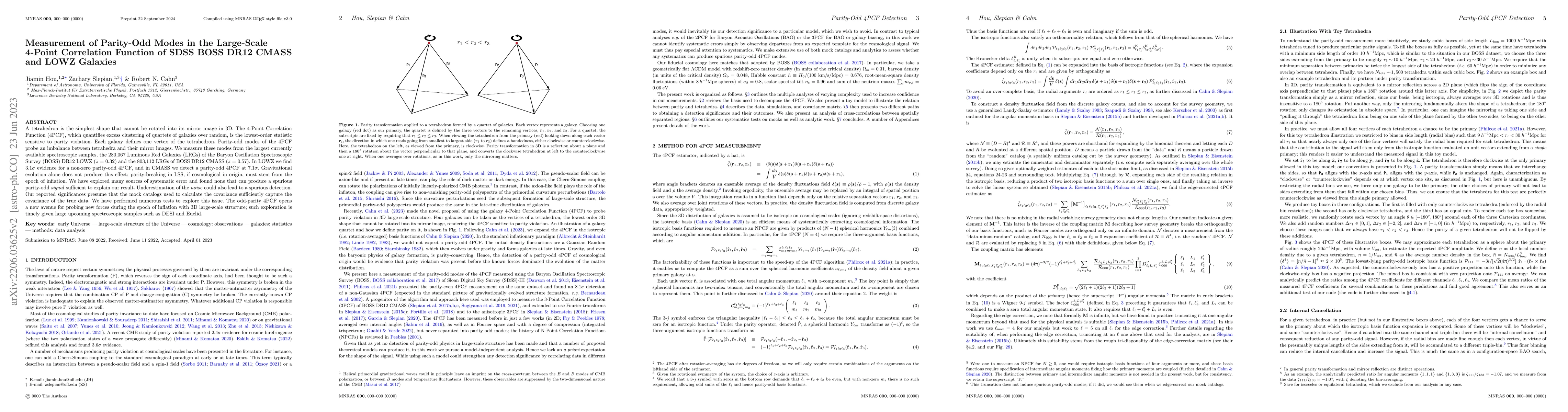 Thumbnail for Measurement of Parity-Odd Modes in the Large-Scale 4-Point Correlation
  Function of SDSS BOSS DR12 CMASS and LOWZ Galaxies