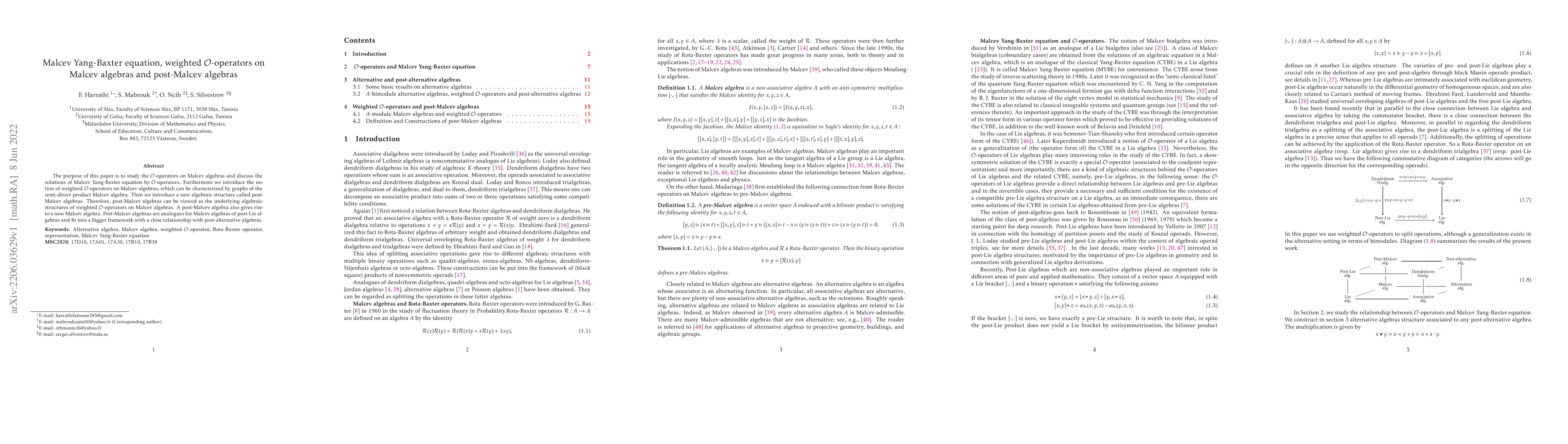 Thumbnail for Malcev Yang-Baxter equation, weighted $\mathcal{O}$-operators on Malcev
  algebras and post-Malcev algebras