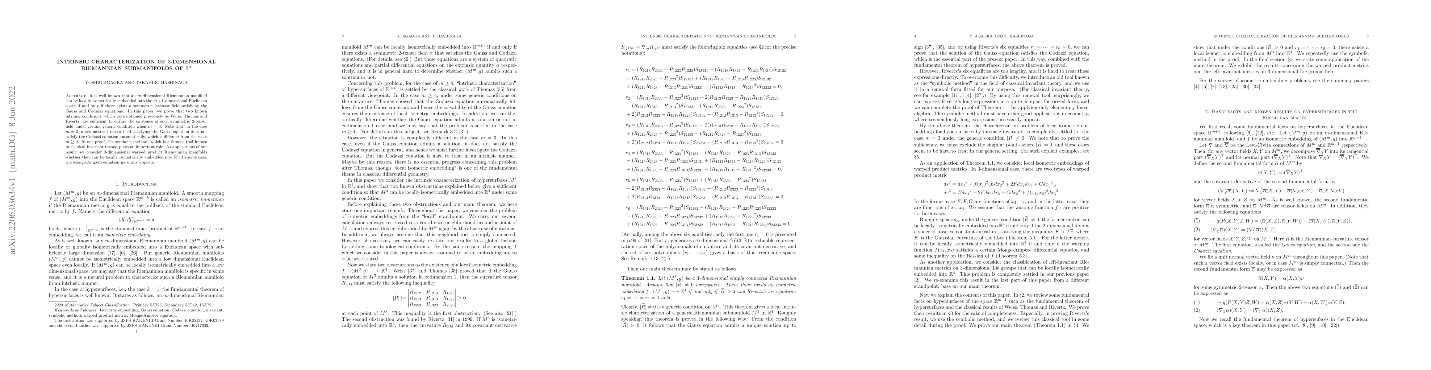 Thumbnail for Intrinsic Characterization of $3$-dimensional Riemannian submanifolds of
  $\mathbb{R}^4$