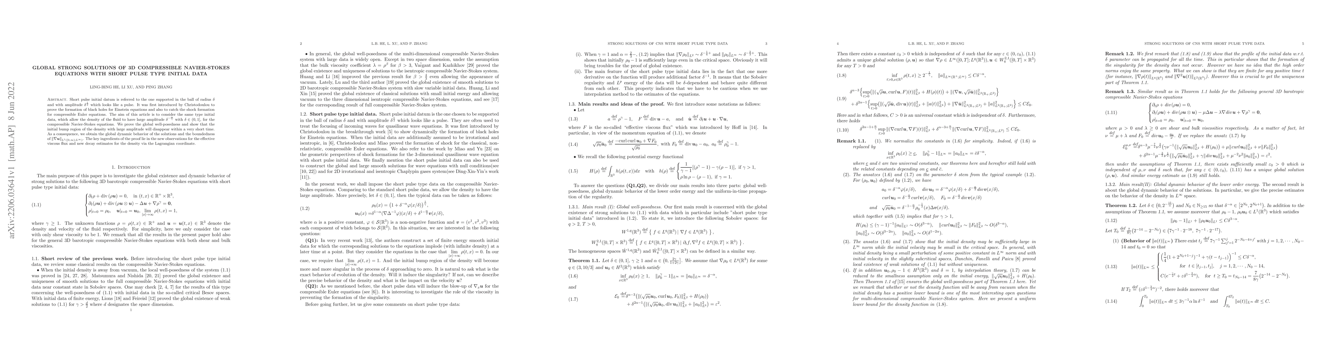 Thumbnail for Global strong solutions of 3D Compressible Navier-Stokes equations with
  short pulse type initial data