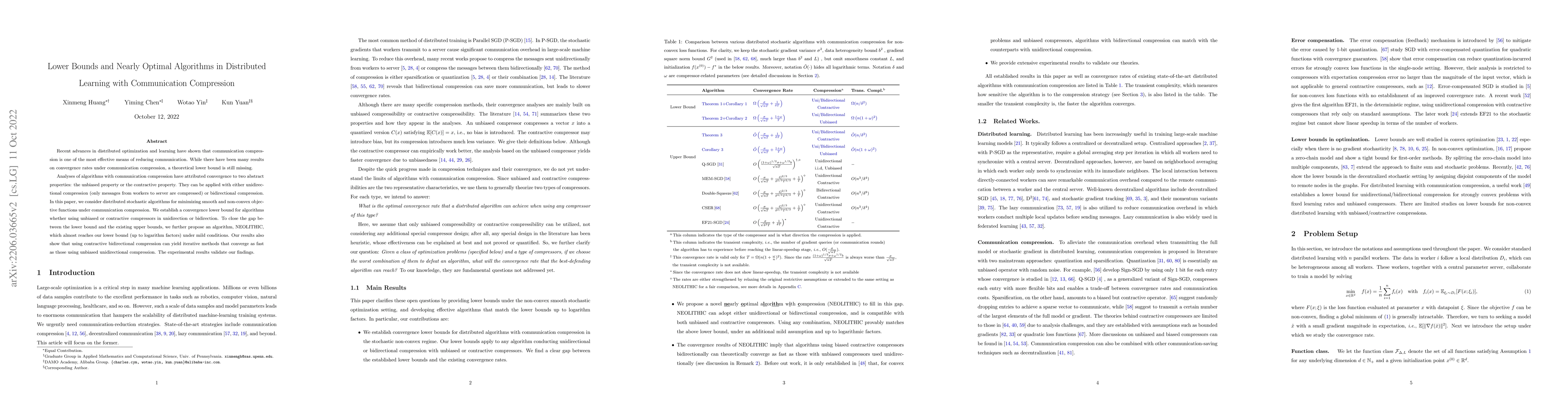 Thumbnail for Lower Bounds and Nearly Optimal Algorithms in Distributed Learning with
  Communication Compression