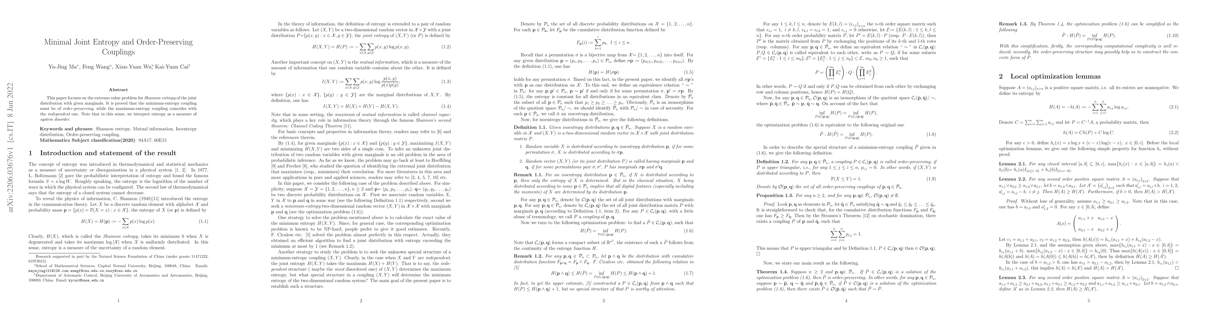Thumbnail for Minimal Joint Entropy and Order-Preserving Couplings