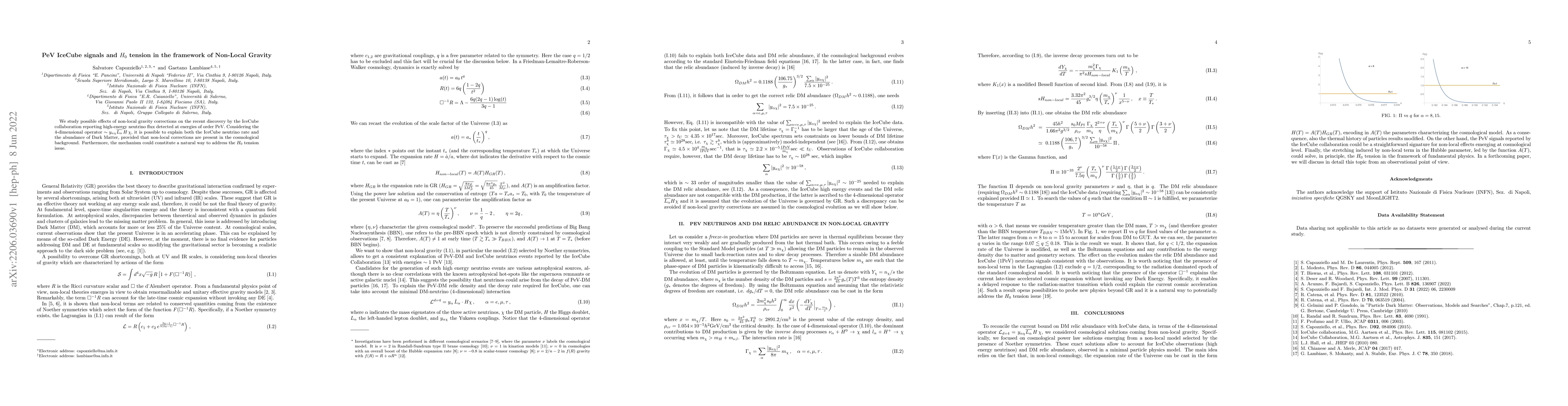 Thumbnail for PeV IceCube signals and $H_0$ tension in the framework of Non-Local
  Gravity