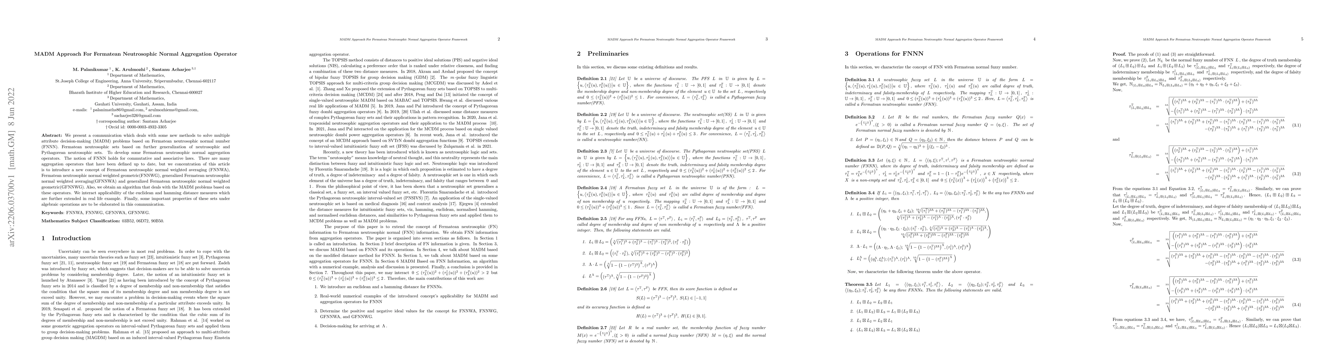 Thumbnail for MADM Approach For Fermatean Neutrosophic Normal Aggregation Operator