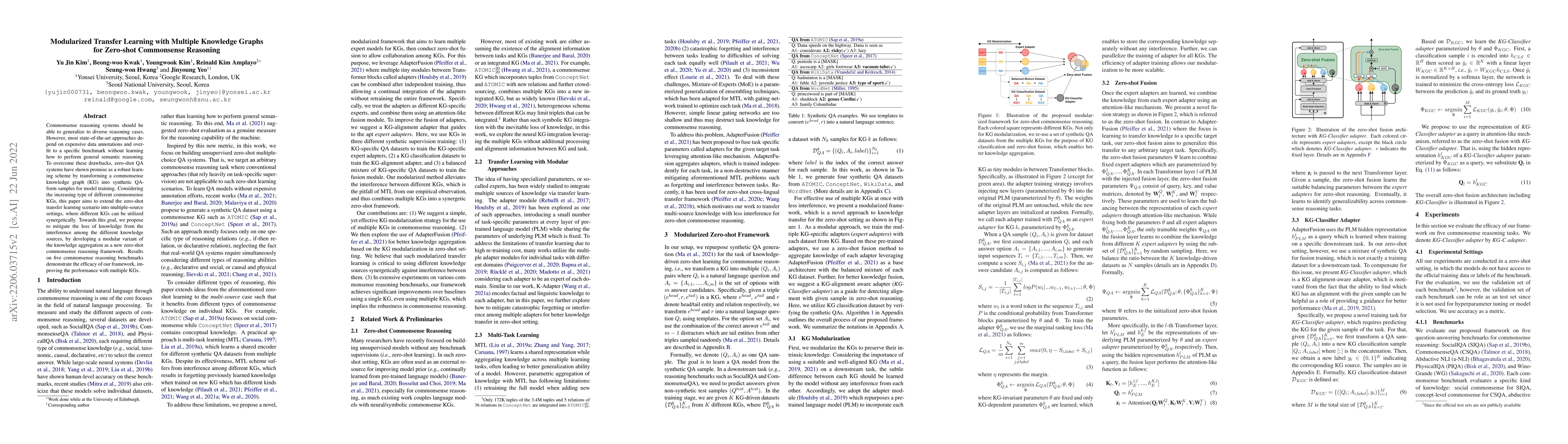 Thumbnail for Modularized Transfer Learning with Multiple Knowledge Graphs for
  Zero-shot Commonsense Reasoning