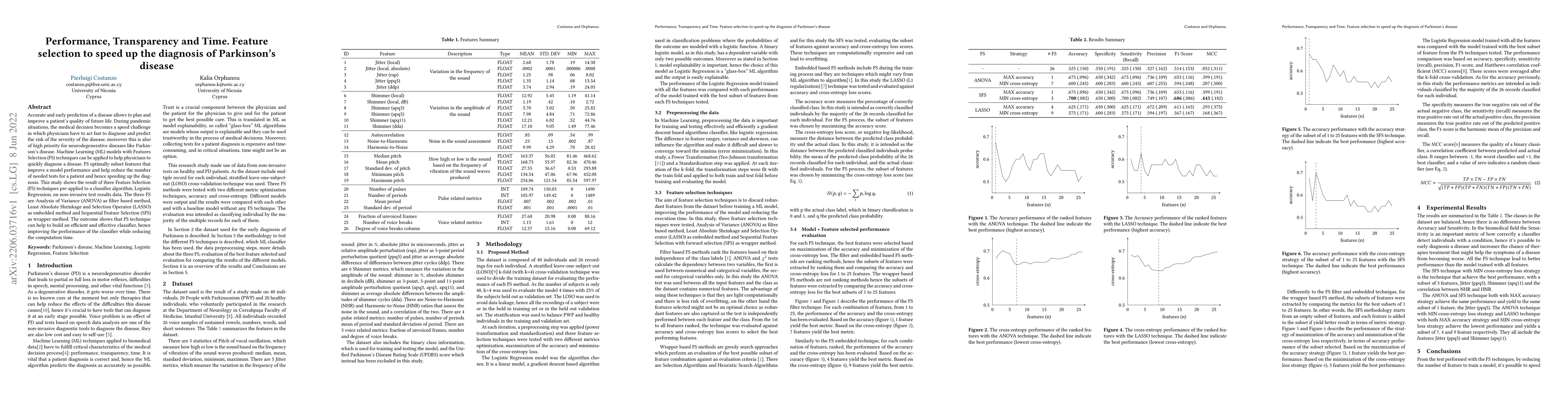 Thumbnail for Performance, Transparency and Time. Feature selection to speed up the
  diagnosis of Parkinson's disease