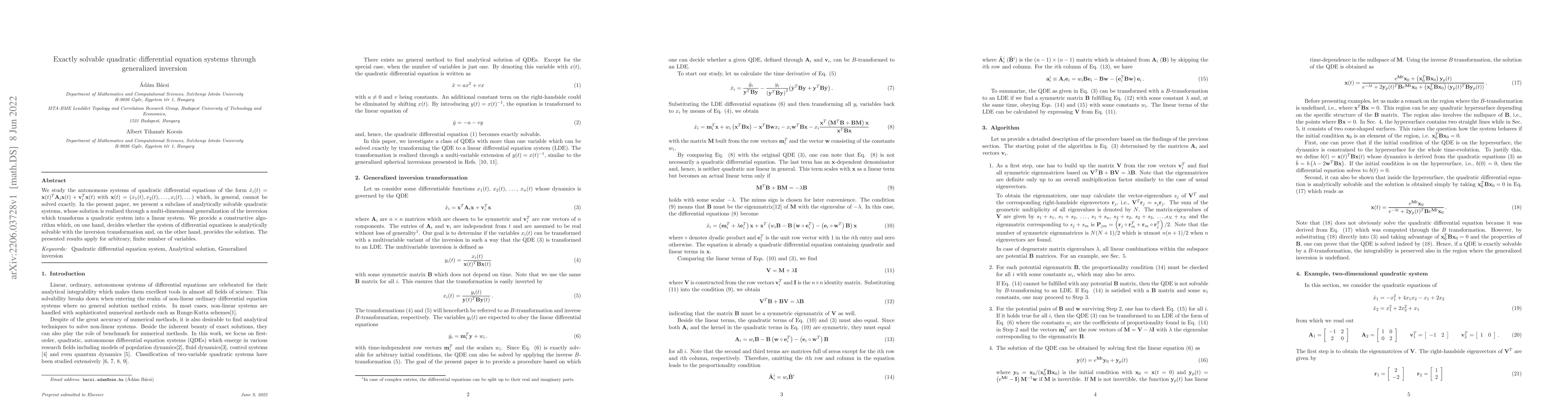 Thumbnail for Exactly solvable quadratic differential equation systems through
  generalized inversion