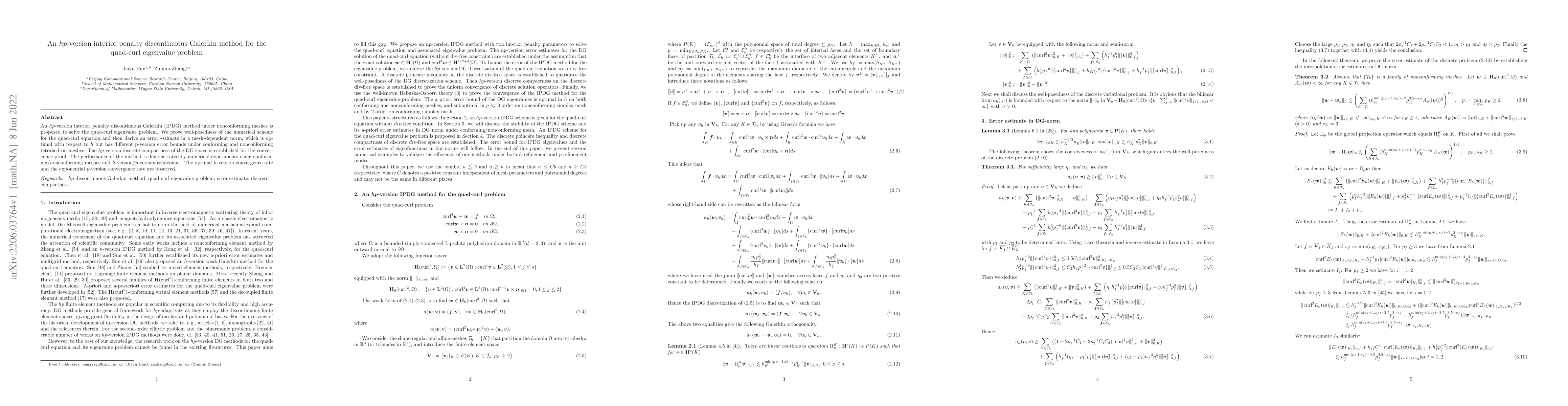 Thumbnail for An hp-version interior penalty discontinuous Galerkin method for the
  quad-curl eigenvalue problem