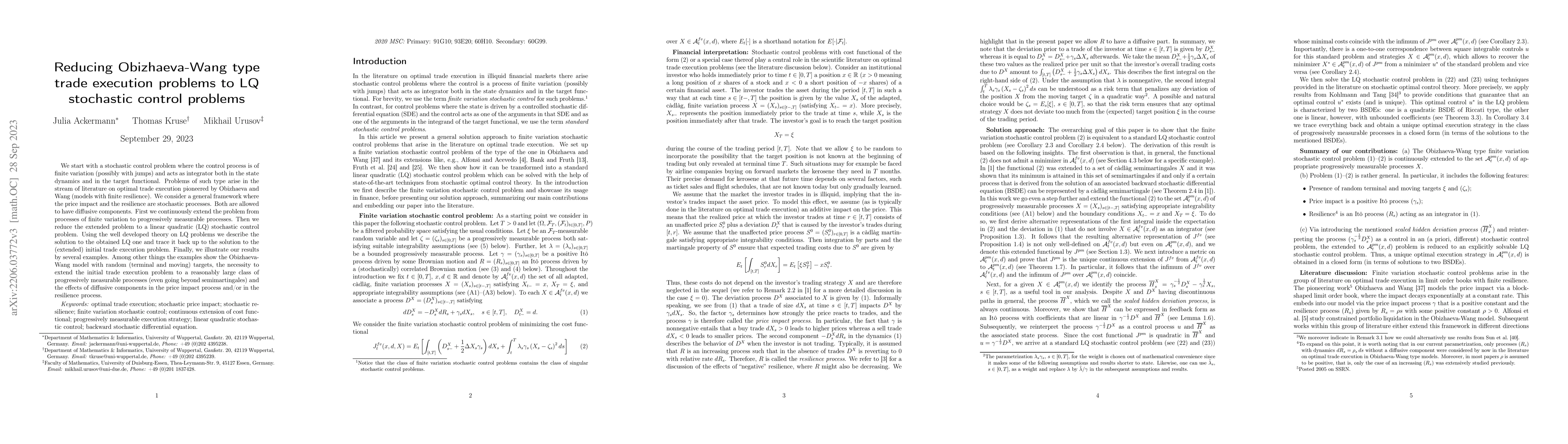 Thumbnail for Reducing Obizhaeva-Wang type trade execution problems to LQ stochastic
  control problems