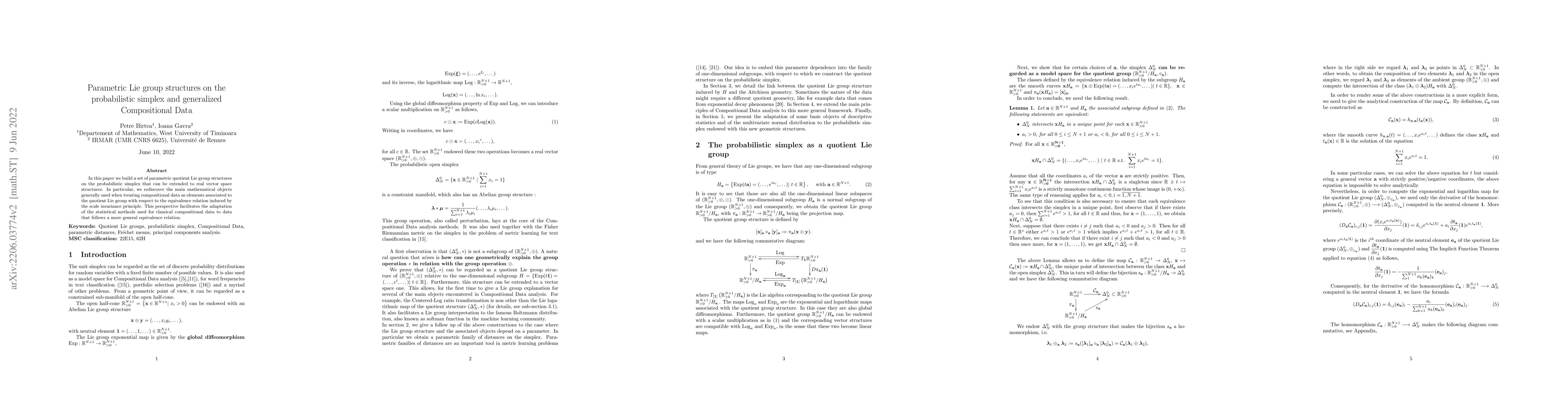 Thumbnail for Parametric Lie group structures on the probabilistic simplex and
  generalized Compositional Data