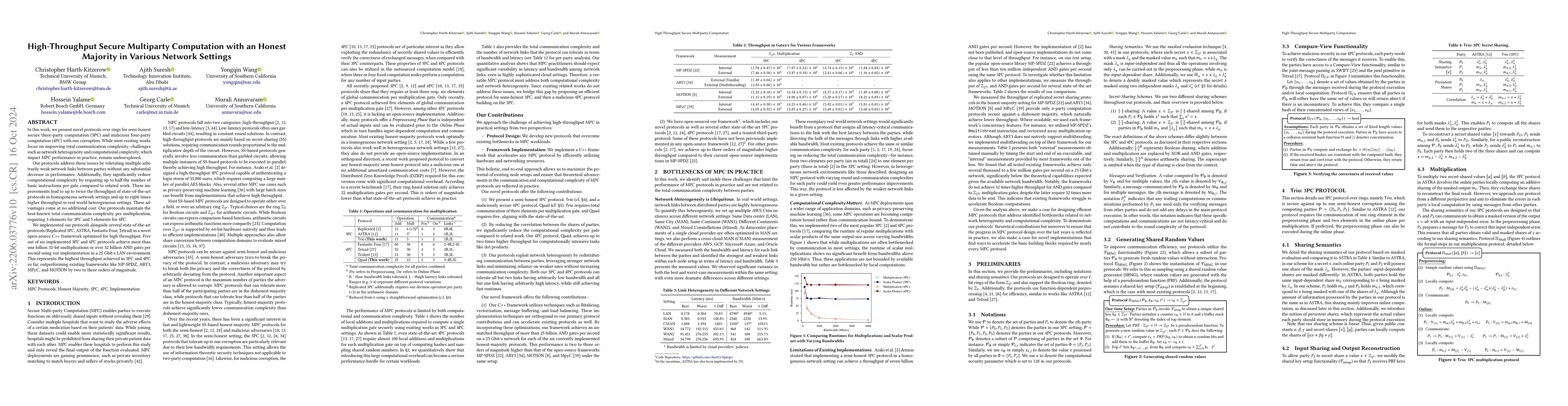 Thumbnail for High-Throughput Secure Multiparty Computation with an Honest Majority in
  Various Network Settings