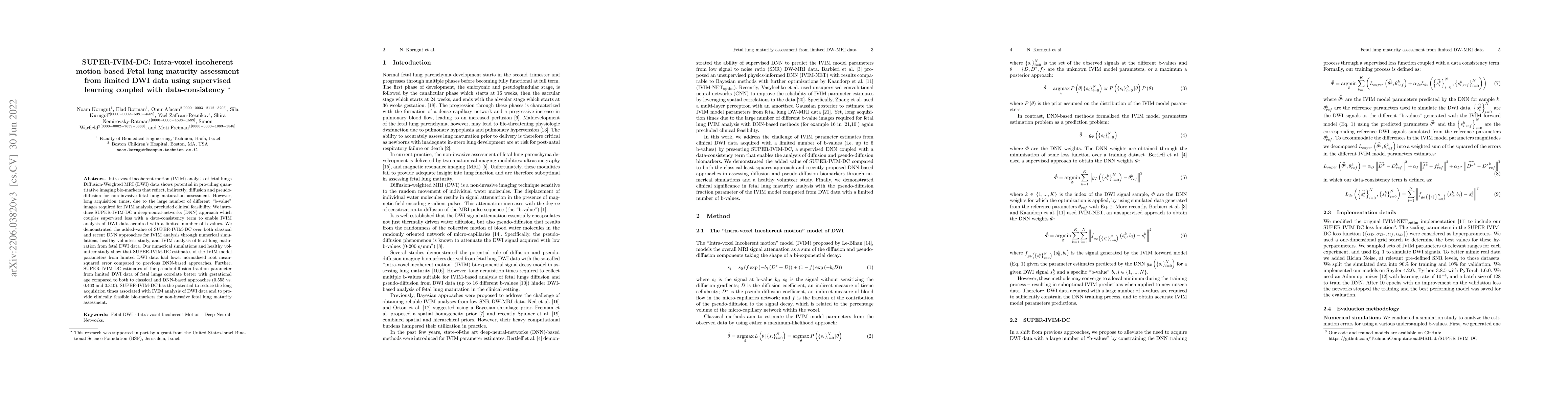 Thumbnail for SUPER-IVIM-DC: Intra-voxel incoherent motion based Fetal lung maturity
  assessment from limited DWI data using supervised learning coupled with
  data-consistency