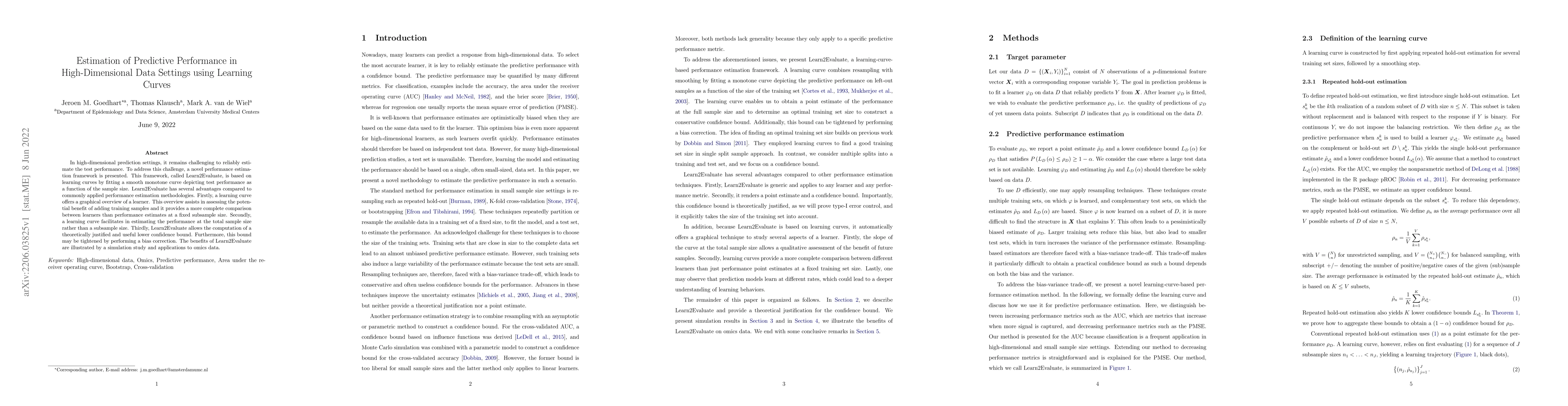 Thumbnail for Estimation of Predictive Performance in High-Dimensional Data Settings
  using Learning Curves