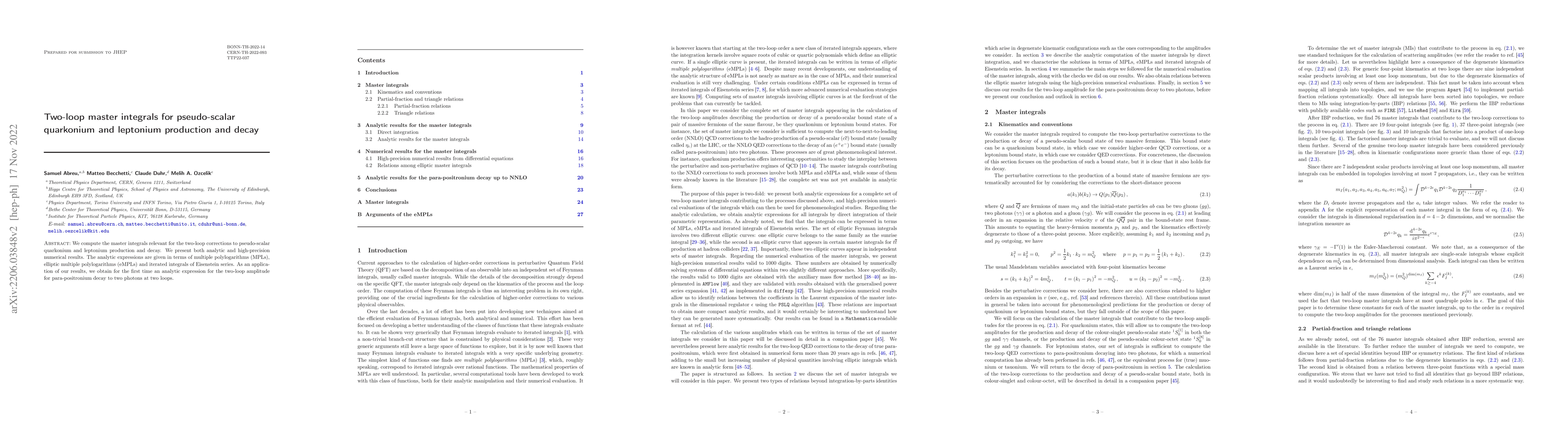 Thumbnail for Two-loop master integrals for pseudo-scalar quarkonium and leptonium
  production and decay