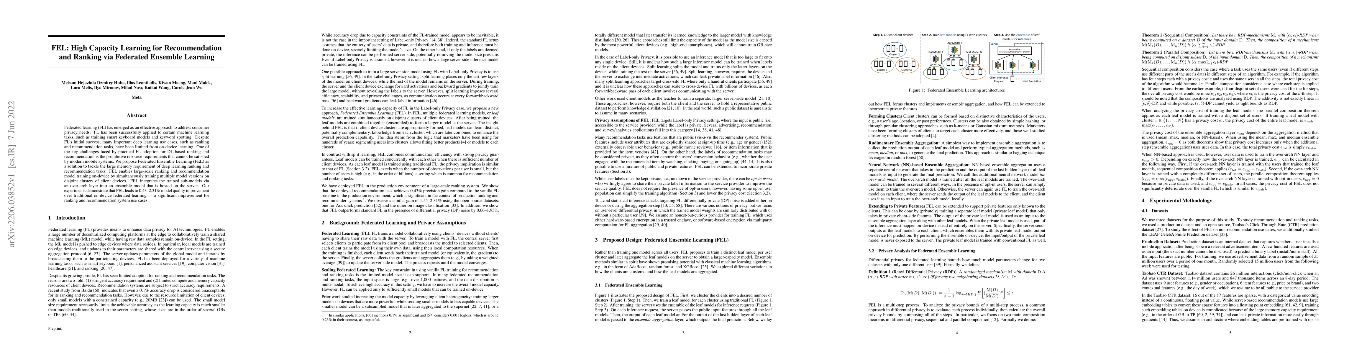 Thumbnail for FEL: High Capacity Learning for Recommendation and Ranking via Federated
  Ensemble Learning