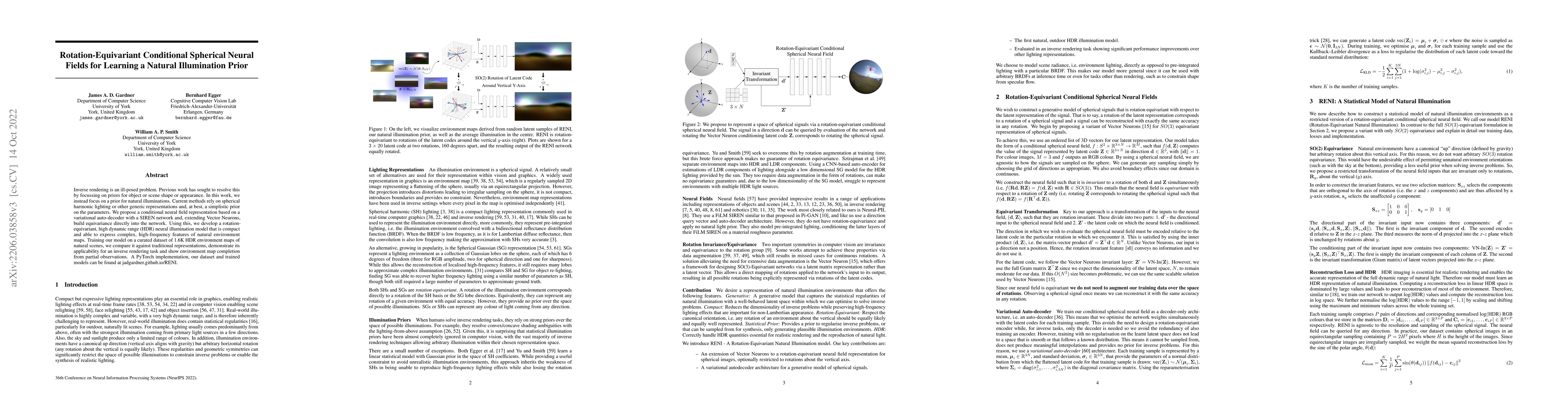 Thumbnail for Rotation-Equivariant Conditional Spherical Neural Fields for Learning a
  Natural Illumination Prior