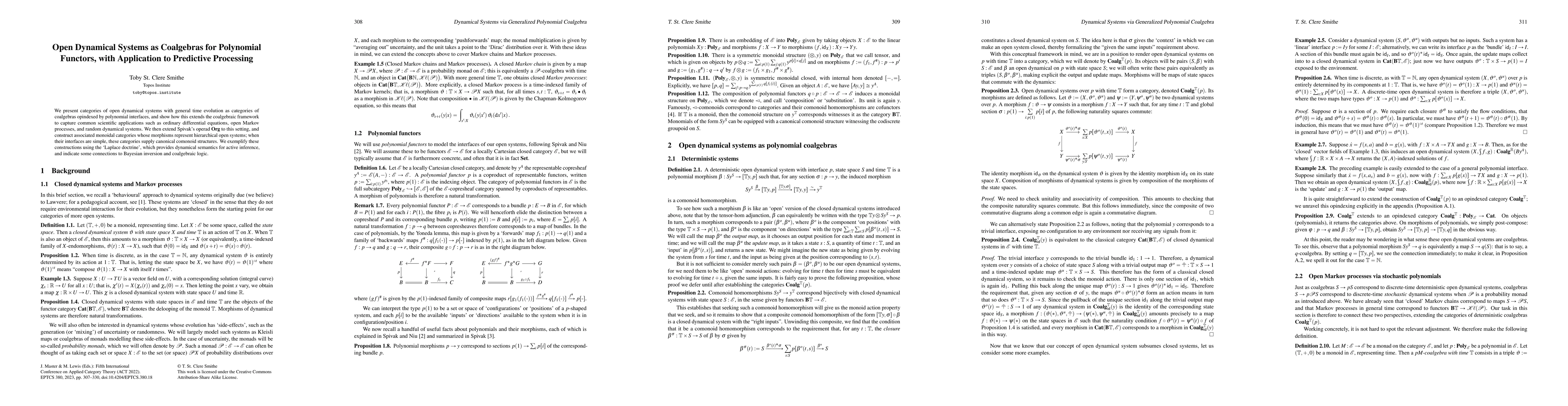 Thumbnail for Open Dynamical Systems as Coalgebras for Polynomial Functors, with
  Application to Predictive Processing