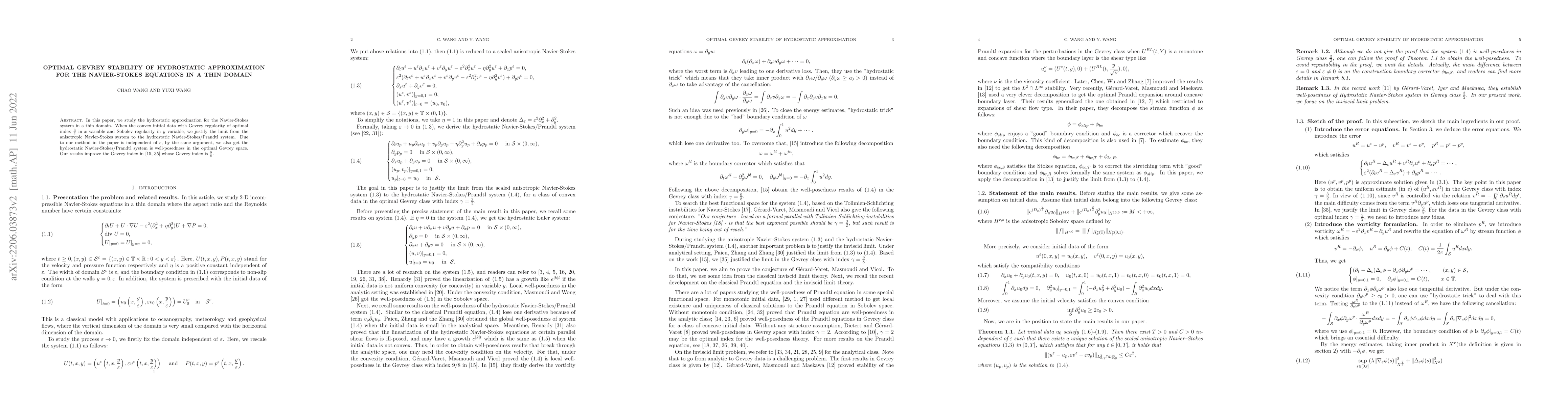 Thumbnail for Optimal Gevrey stability of hydrostatic approximation for the
  Navier-Stokes equations in a thin domain