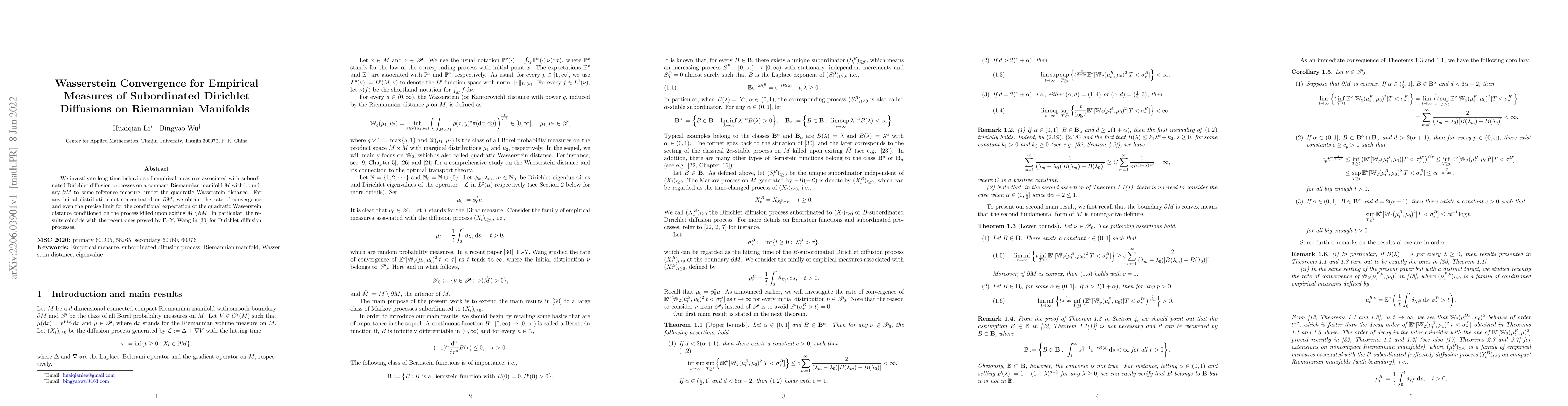 Thumbnail for Wasserstein Convergence for Empirical Measures of Subordinated Dirichlet
  Diffusions on Riemannian Manifolds
