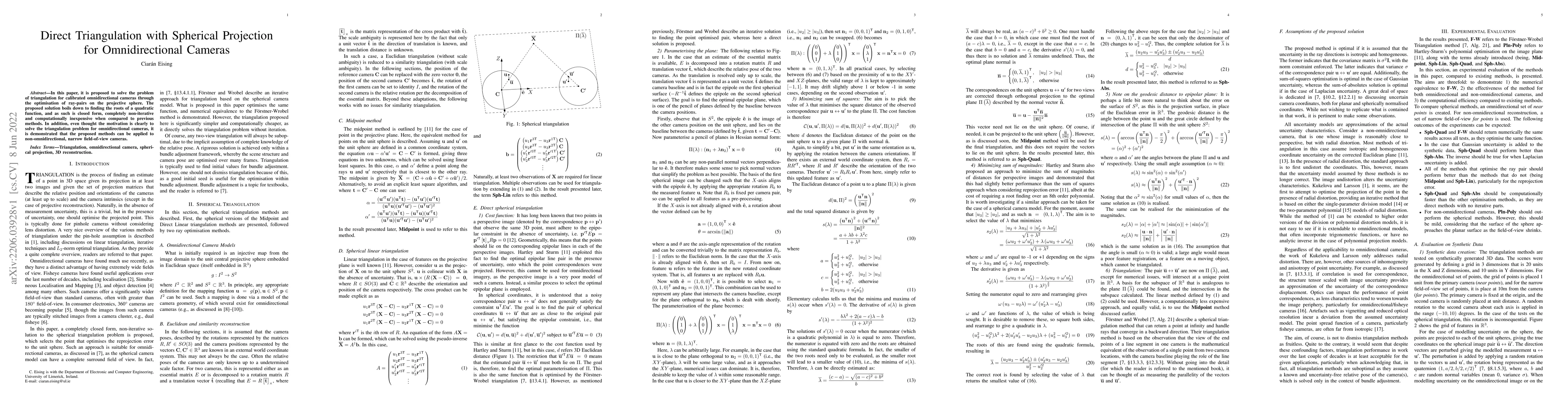 Thumbnail for Direct Triangulation with Spherical Projection for Omnidirectional
  Cameras
