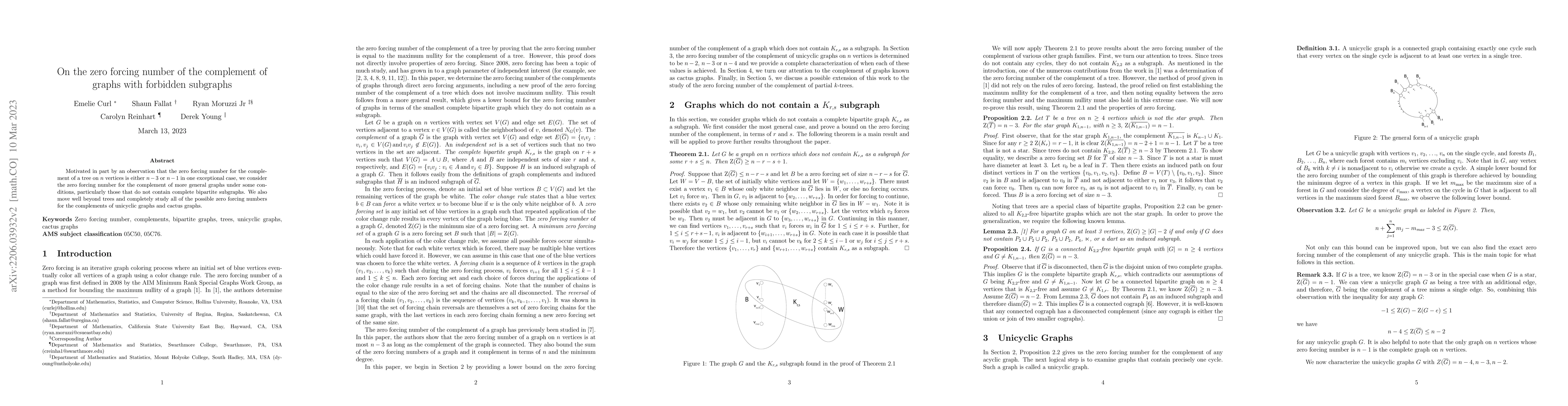 Thumbnail for On the zero forcing number of the complement of graphs with forbidden
  subgraphs