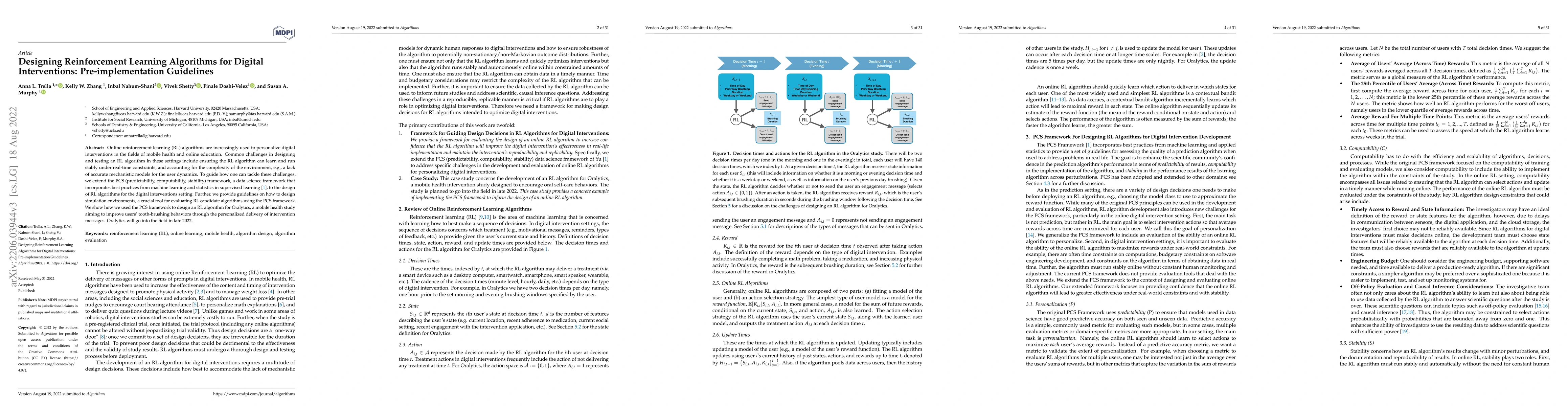 Thumbnail for Designing Reinforcement Learning Algorithms for Digital Interventions:
  Pre-implementation Guidelines