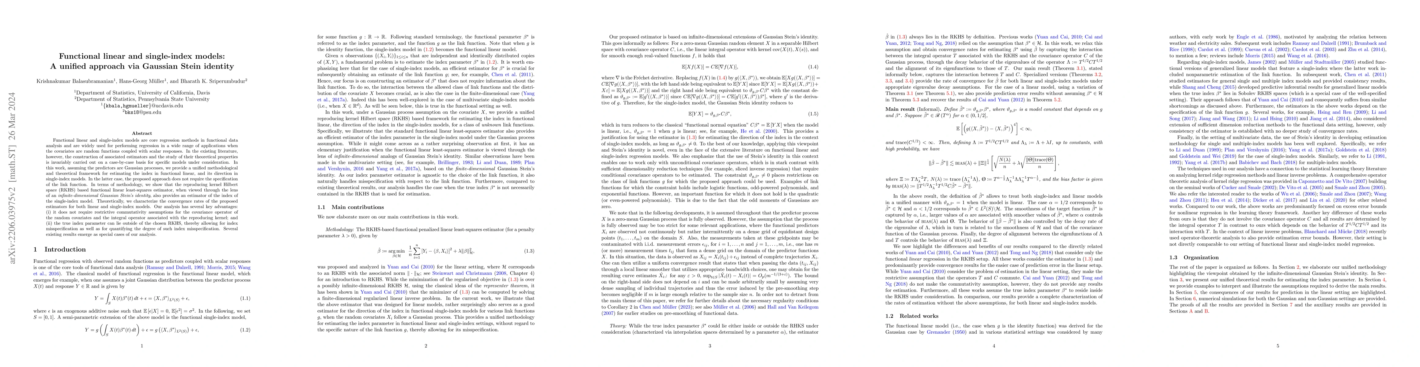 Thumbnail for Functional linear and single-index models: A unified approach via
  Gaussian Stein identity