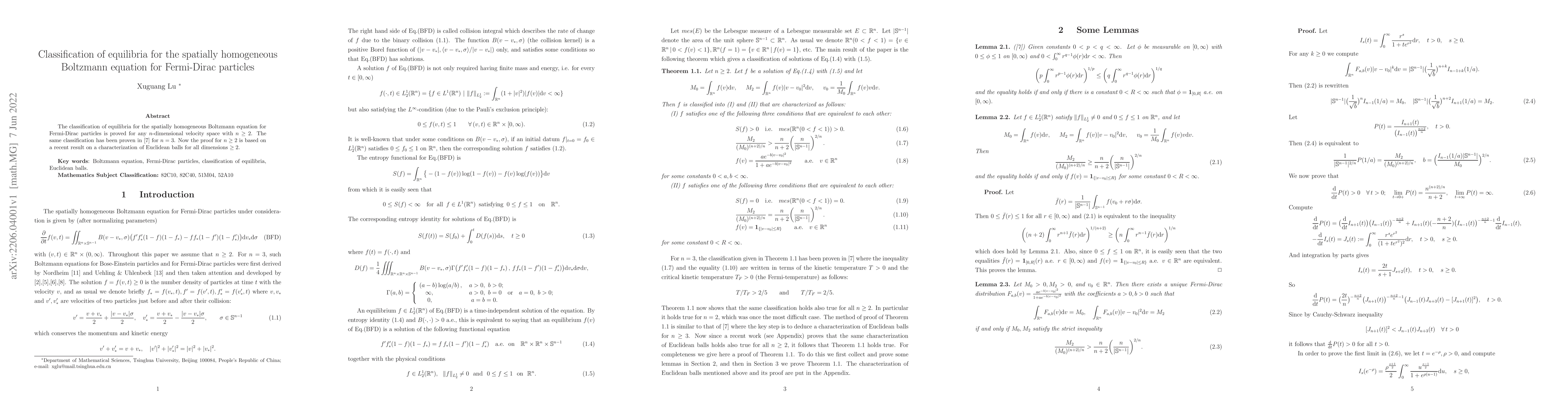 Thumbnail for Classification of equilibria for the spatially homogeneous Boltzmann
  equation for Fermi-Dirac particles