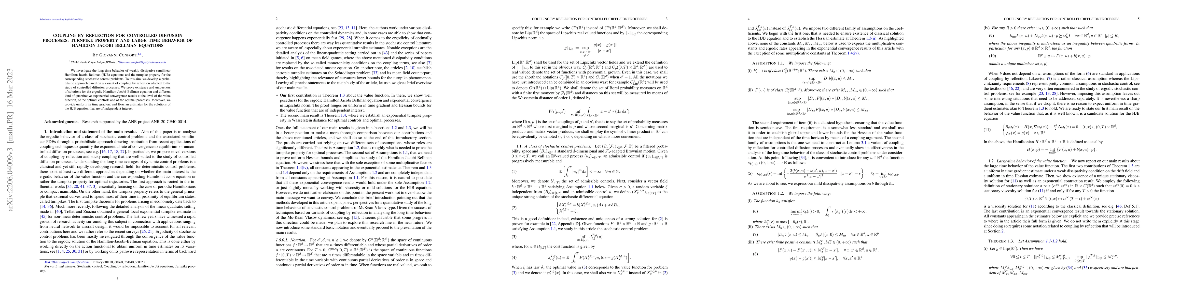 Thumbnail for Coupling by reflection for controlled diffusion processes: turnpike
  property and large time behavior of Hamilton Jacobi Bellman equations