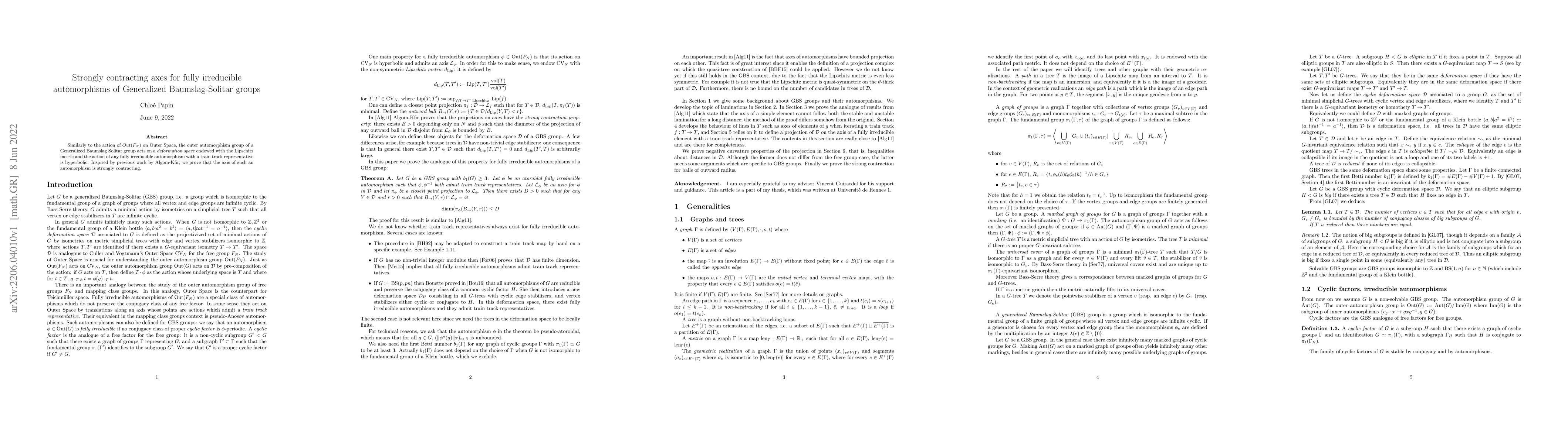 Thumbnail for Strongly contracting axes for fully irreducible automorphisms of
  Generalized Baumslag-Solitar groups