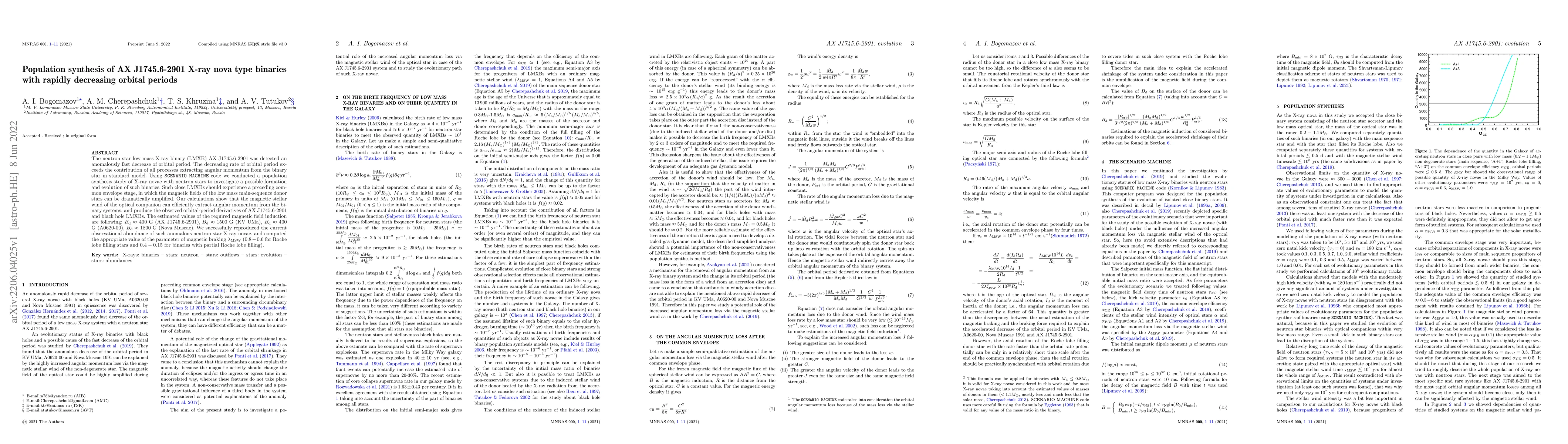 Thumbnail for Population synthesis of AX J1745.6-2901 X-ray nova type binaries with
  rapidly decreasing orbital periods
