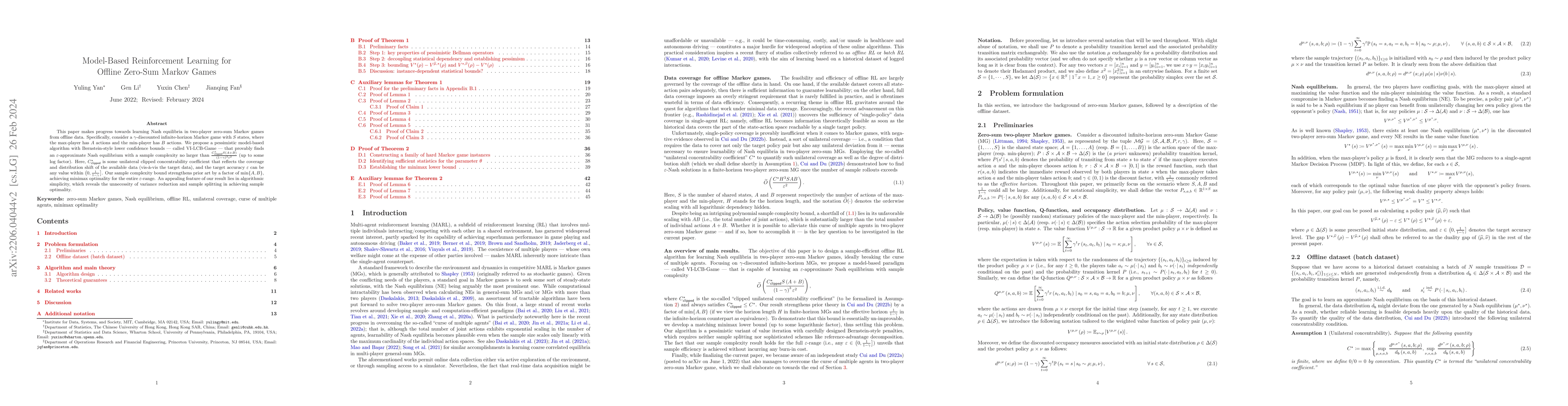 Thumbnail for Model-Based Reinforcement Learning for Offline Zero-Sum Markov Games