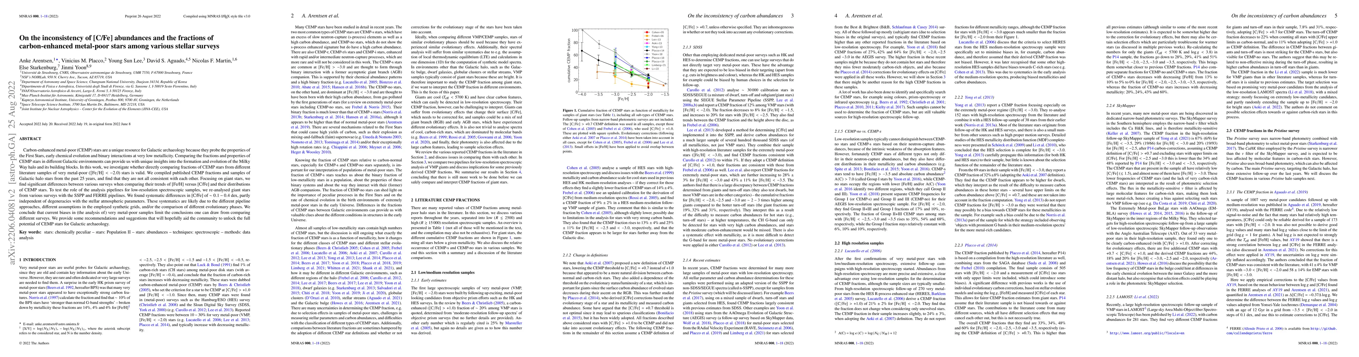 Thumbnail for On the inconsistency of [C/Fe] abundances and the fractions of
  carbon-enhanced metal-poor stars among various stellar surveys