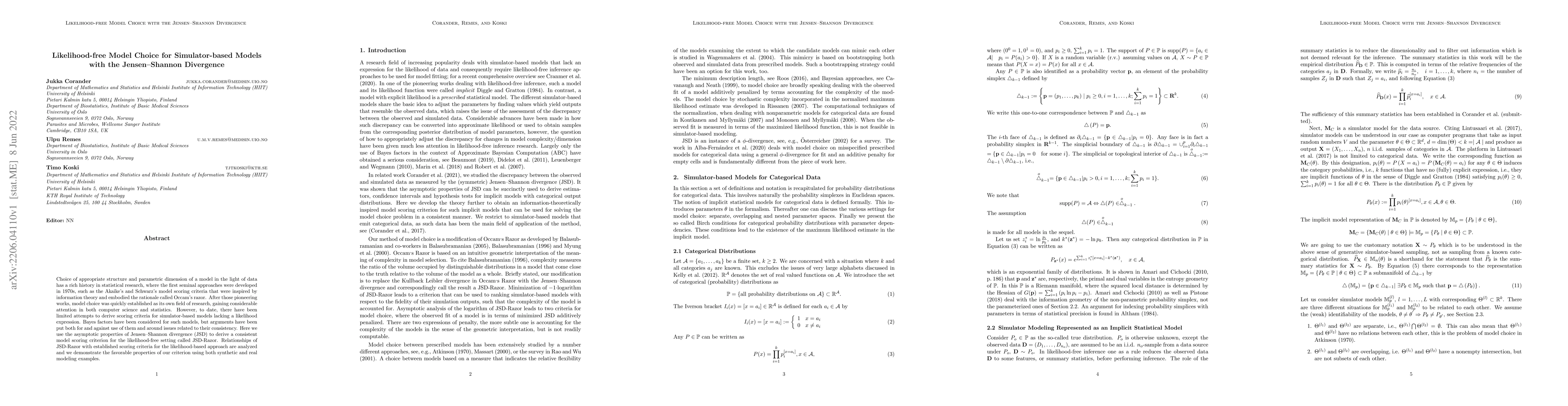 Thumbnail for Likelihood-free Model Choice for Simulator-based Models with the
  Jensen--Shannon Divergence
