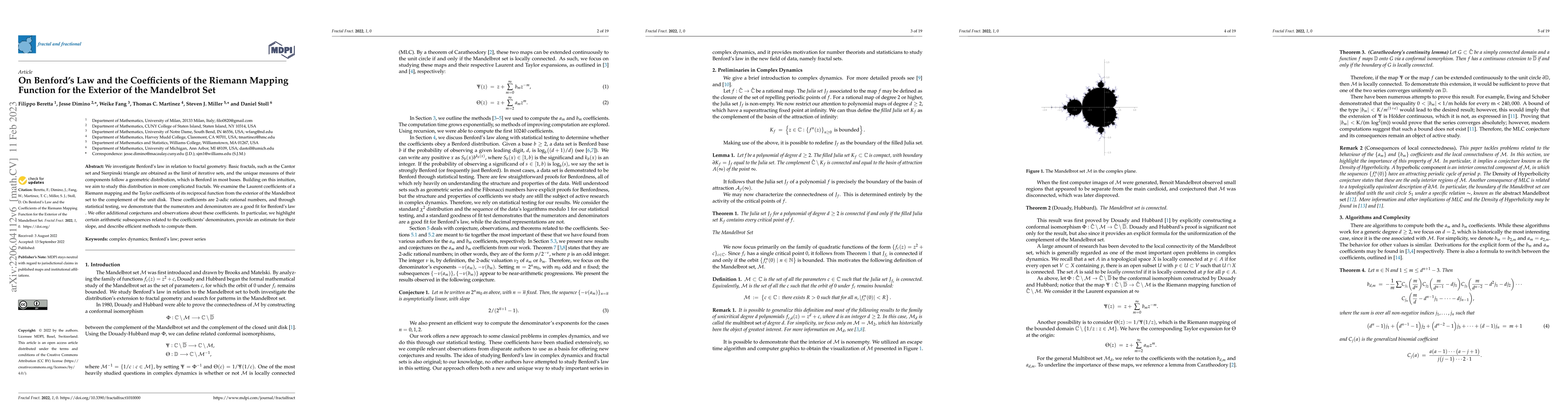 Thumbnail for On Benford's Law and the Coefficients of the Riemann Mapping Function
  for the Exterior of the Mandelbrot Set