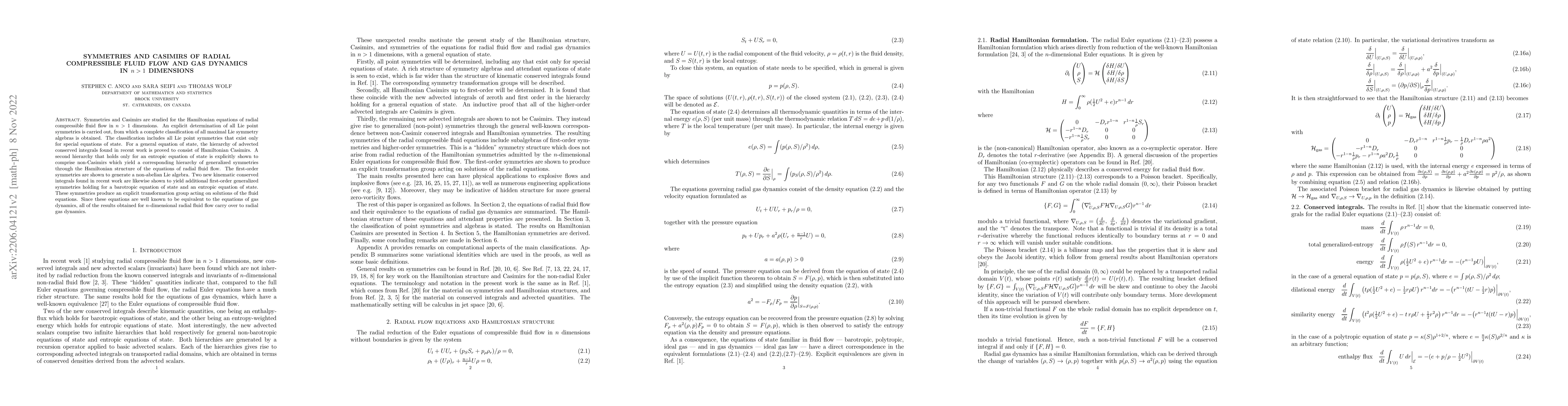 Thumbnail for Symmetries and Casimirs of radial compressible fluid flow and gas
  dynamics in n>1 dimensions