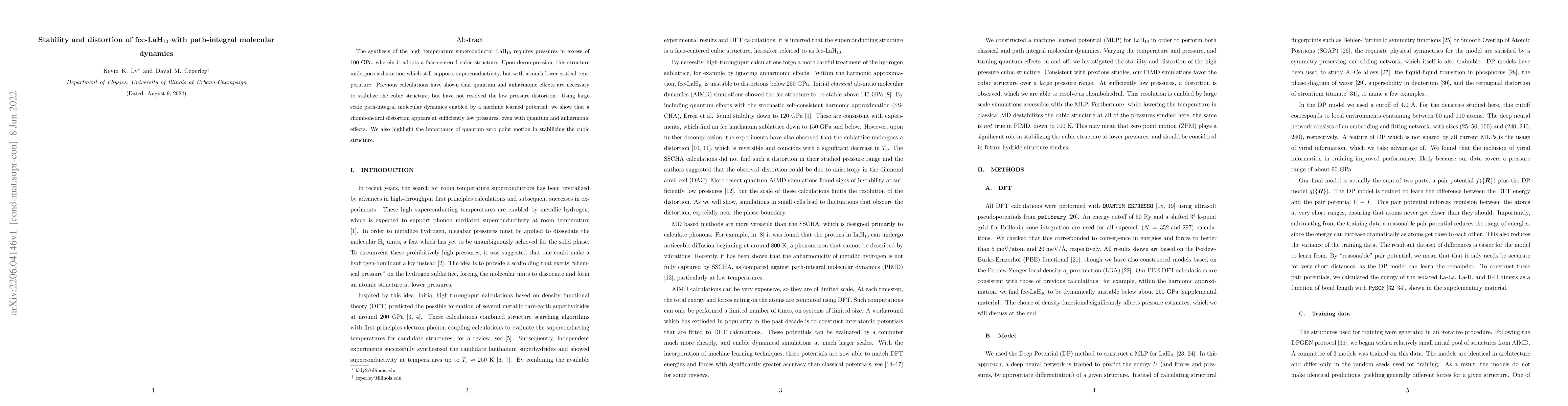 Thumbnail for Stability and distortion of fcc-LaH$_{10}$ with path-integral molecular
  dynamics